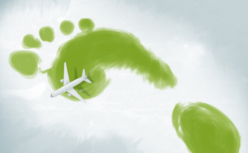 Airplane over a green footprint